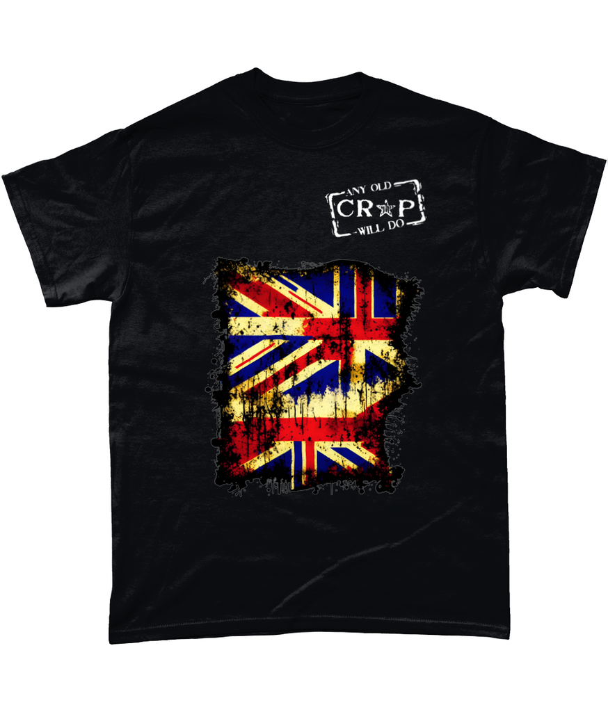 Black t-shirt with our take on the Union Jack under the Any Old Crap Will Do logo.