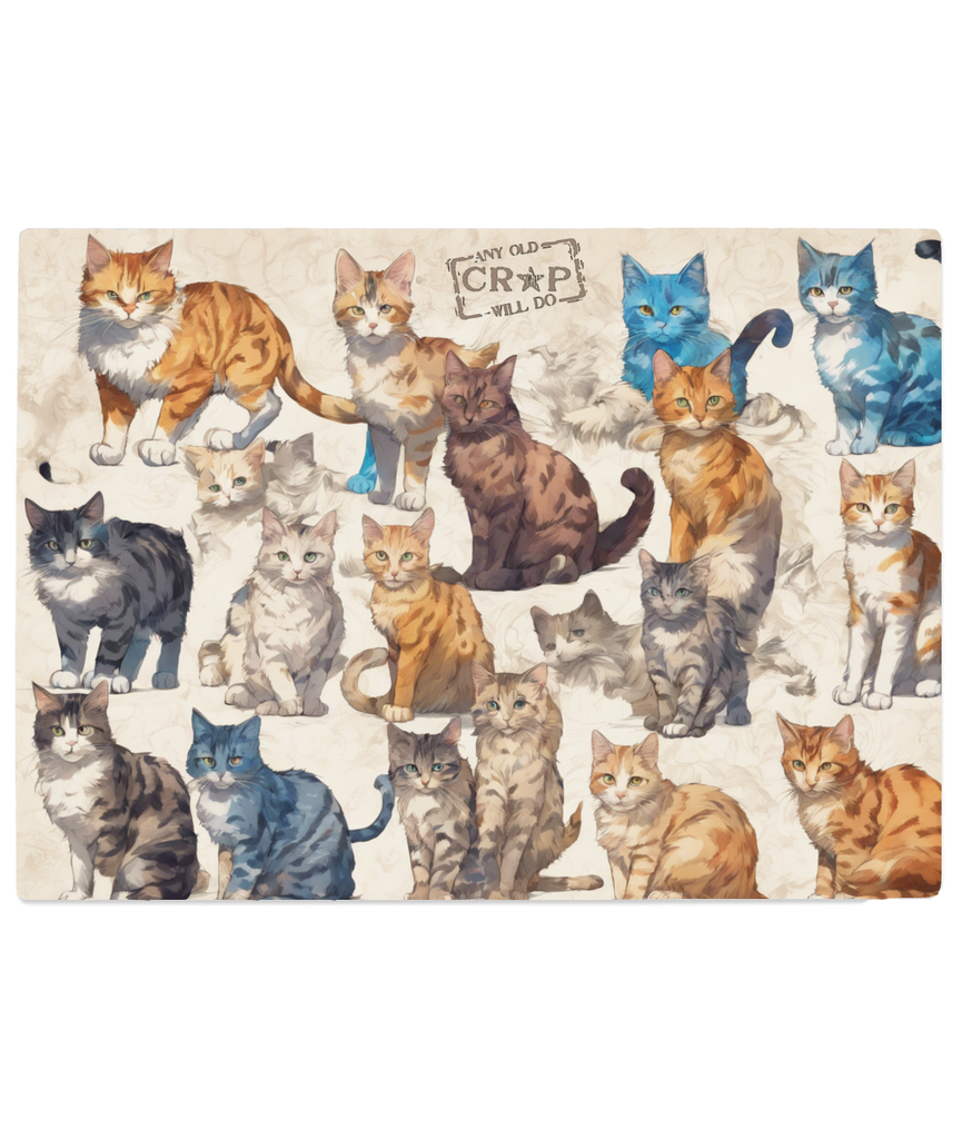 A tempered glass chopping board covered with colourful sketches of cats, with the subtle logo of Any Old Crap Will Do at the top.