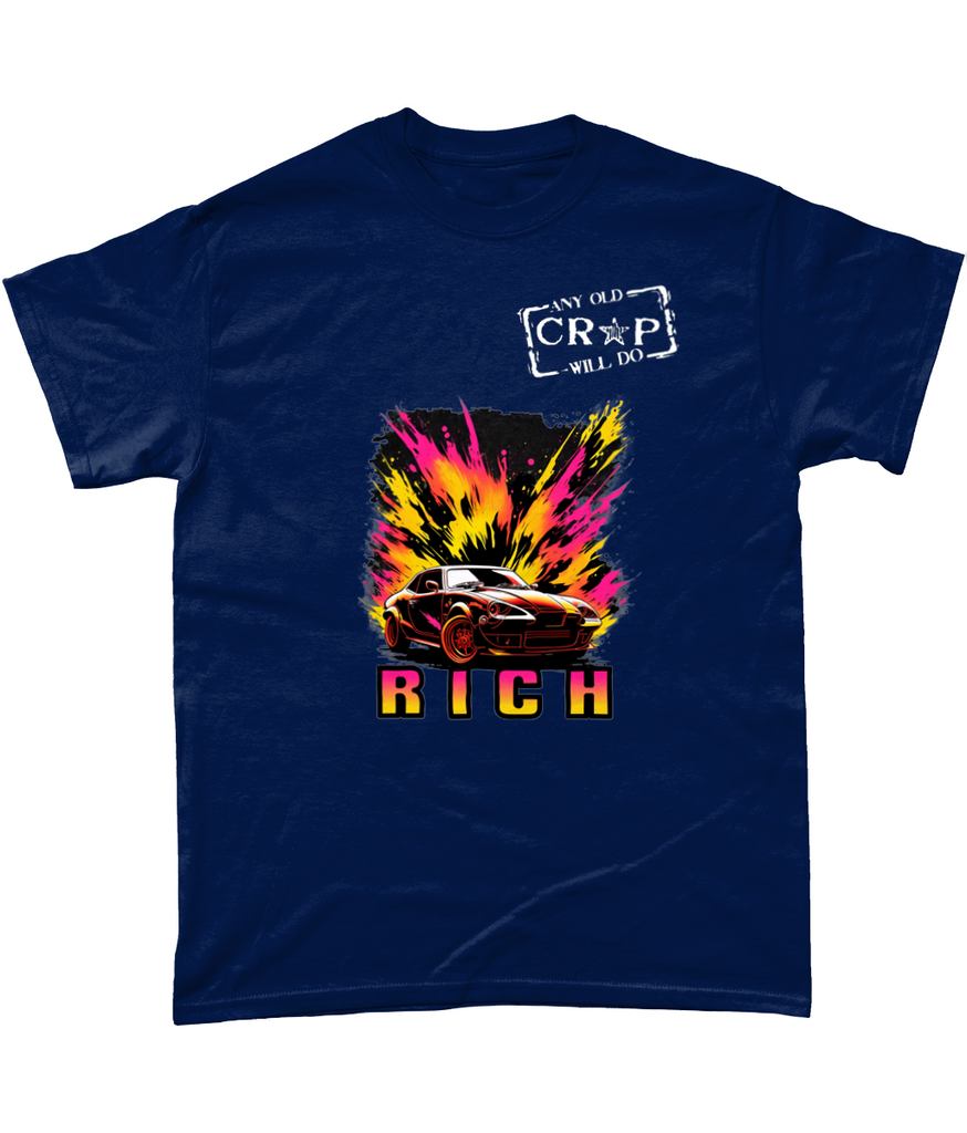 Nacy blue t-shirt showing a sports can surrounded by neon flame and the word RICH below.