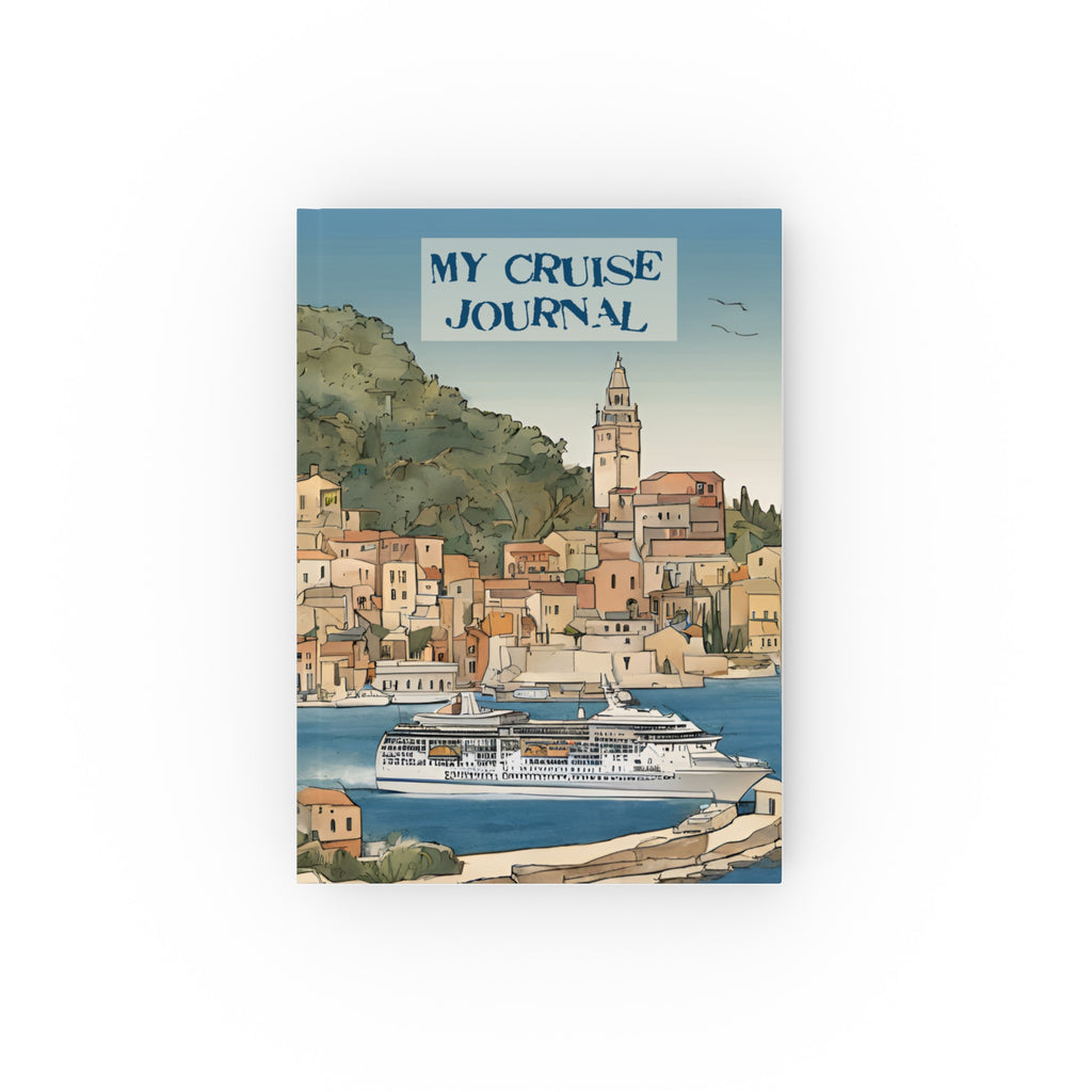 My Cruise Journal with a watercolour painting of a cruise ship in a Mediterranean harbour with town behind.