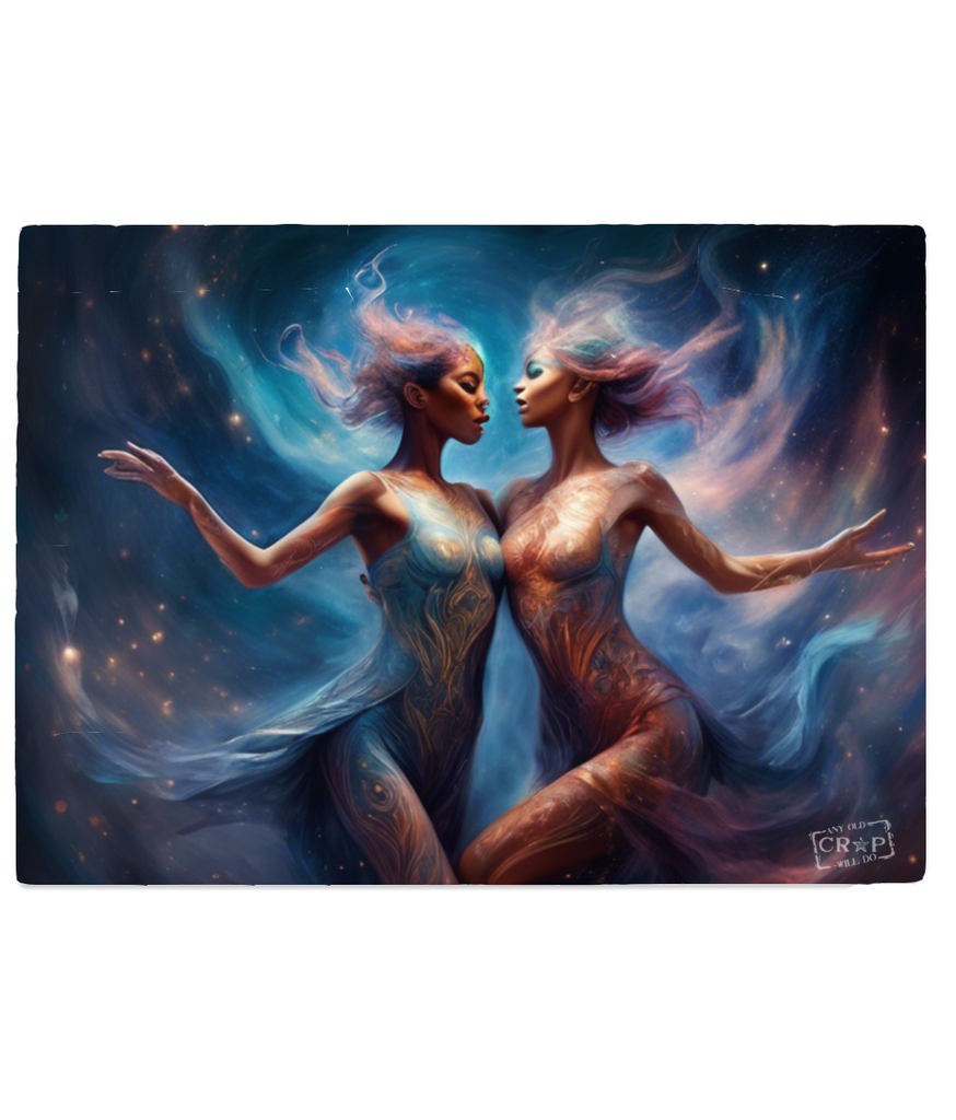 A tempered glass chopping board showing two women wearing blue and orange body paint, dancing with blue and white mist swirling around them.