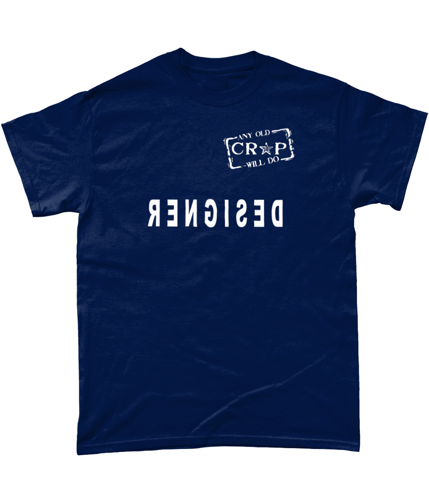 A navy blue t-shirt with our Any Old Crap Will Do logo, and underneath the word "DESIGNER" written in reverse.