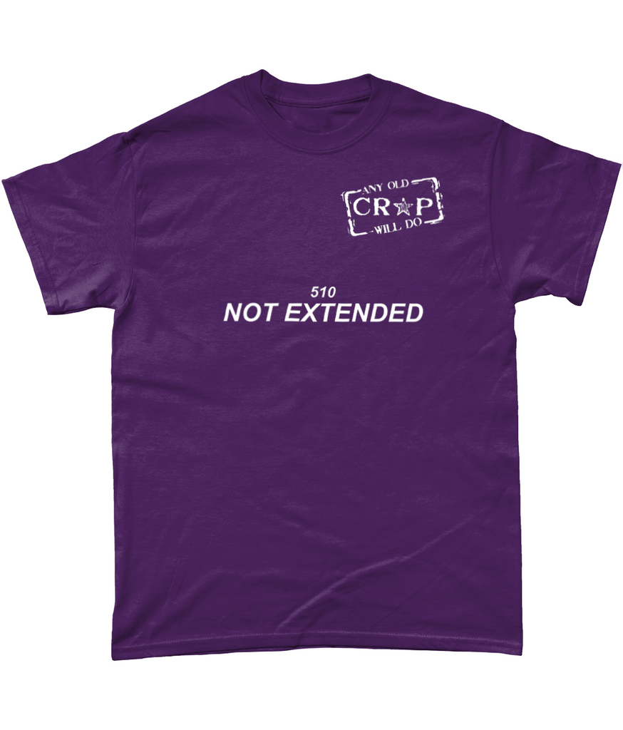 A purple t-shirt with our Any Old Crap Will Do logo, and underneath the words "510 NOT EXTENDED"