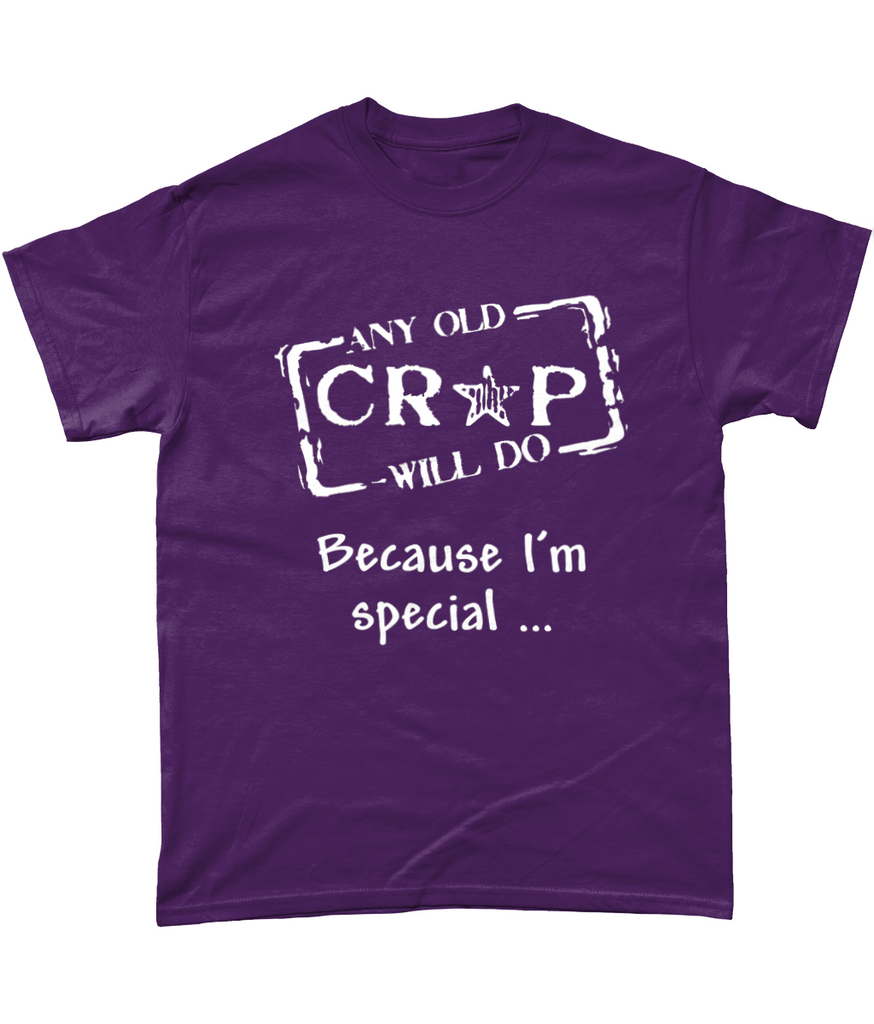 A purple t-shirt with our Any Old Crap Will Do logo and the words "Because I'm Special..." underneath.